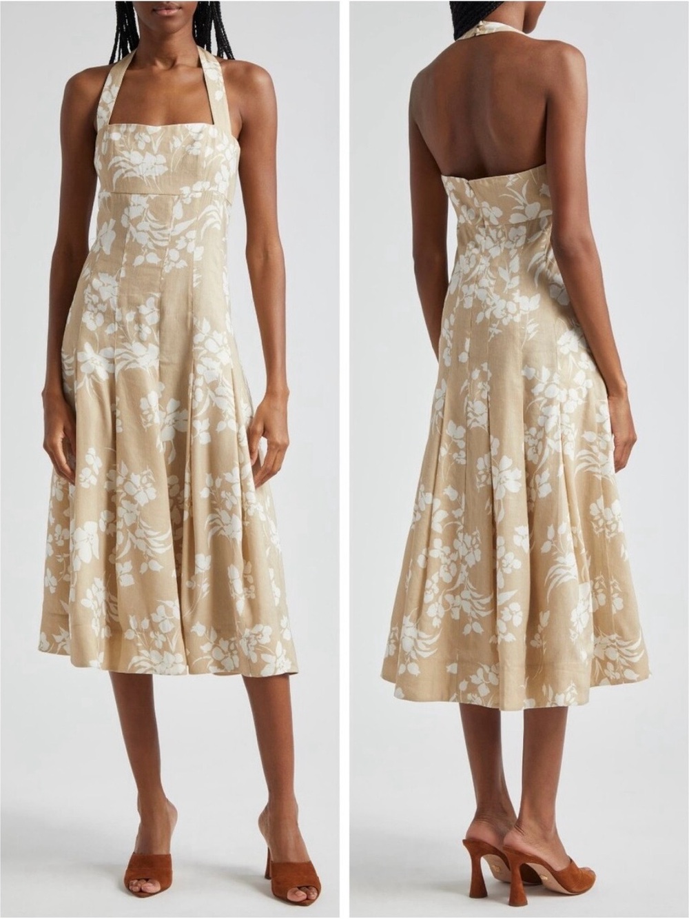 Veronica Beard Amelia Beige and White Floral Halter Midi Dress new without tags